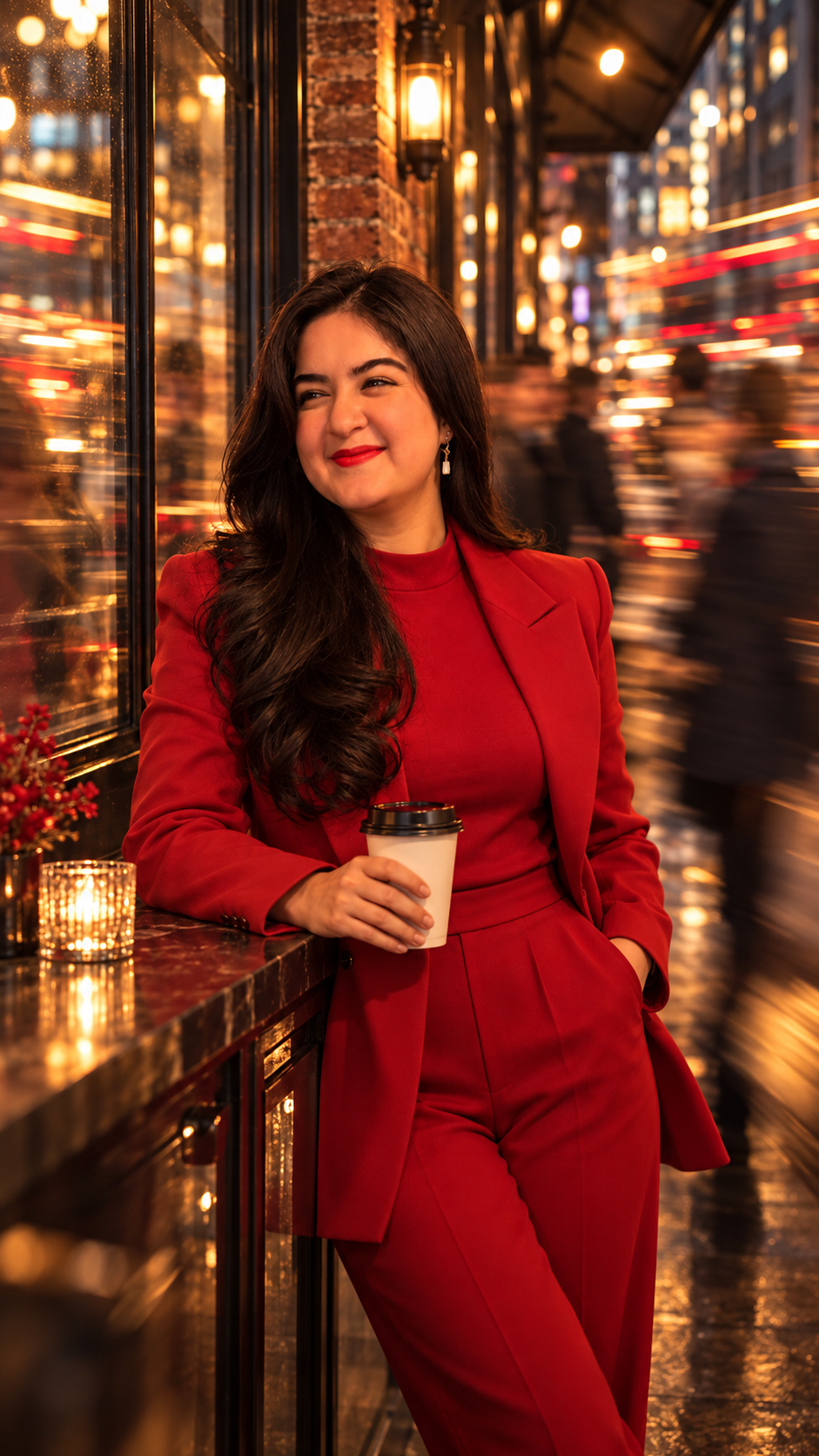Mansi in a red suit, smiling with a coffee on a rainy city night